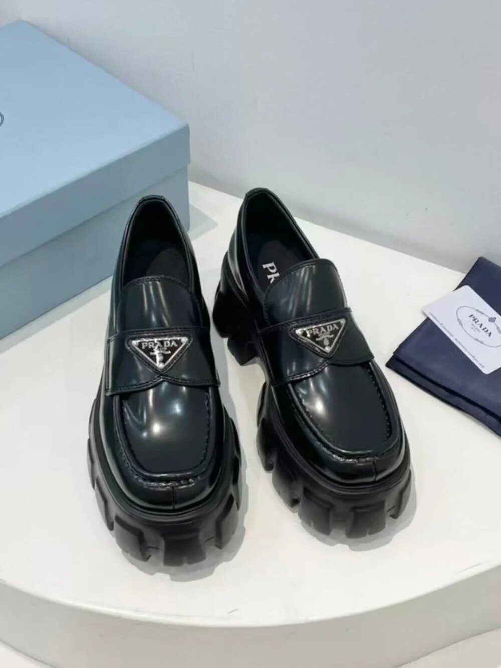 Prada Black Brushed Leather Triangle Logo Lug Sole Platform Loafers - Picture 2 of 8